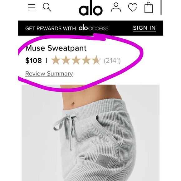 Alo Yoga Women’s Heather Grey Muse Ribbed Sweatpant/Jogger - Picture 7 of 16